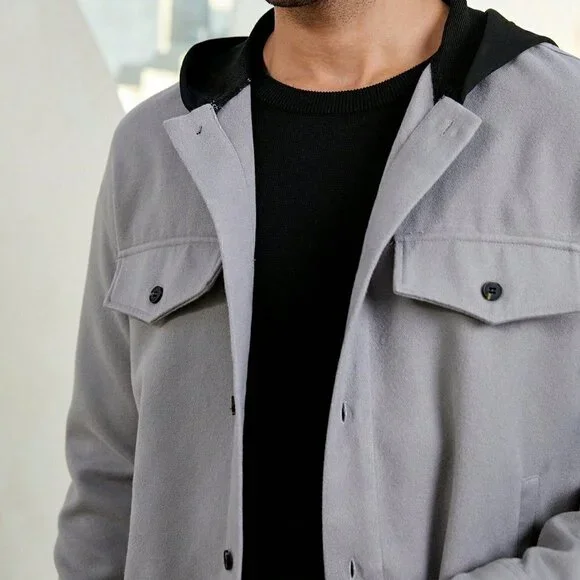 Grey Casual Mens Flap Detail Hooded Coat - Picture 2 of 5